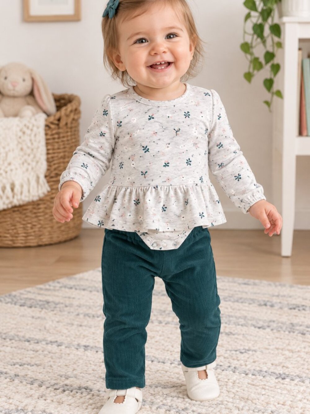 Carter’s Baby Girl 2 Piece Outfit Gray Printed Tunic Bodysuit Teal Pants 9M